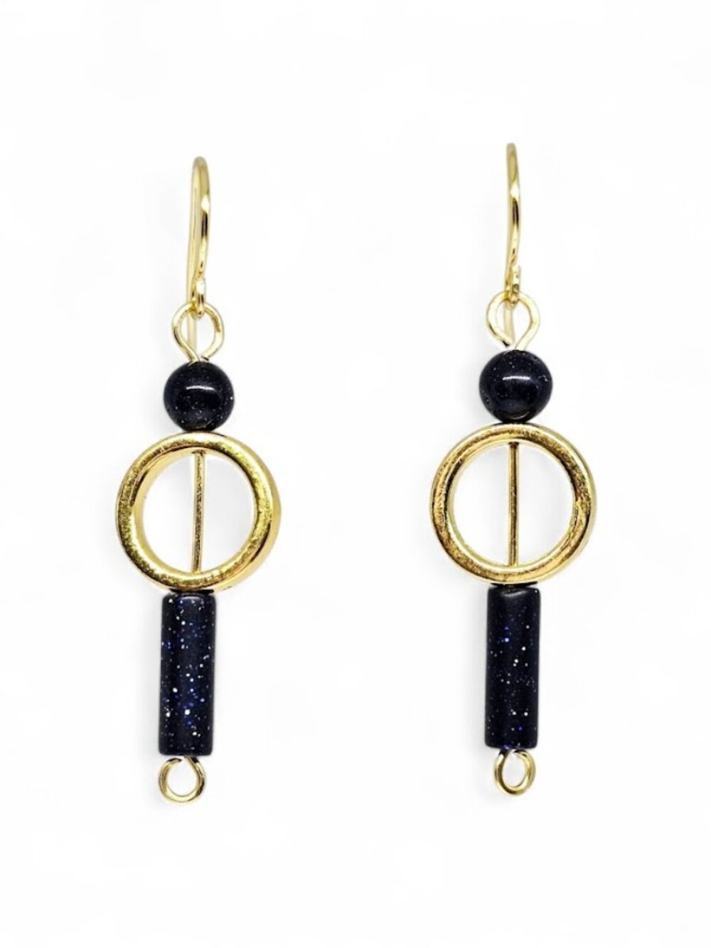 Handmade Blue Goldstone Beaded Hoop Dangle Earrings Gold Tone Boho Statemen